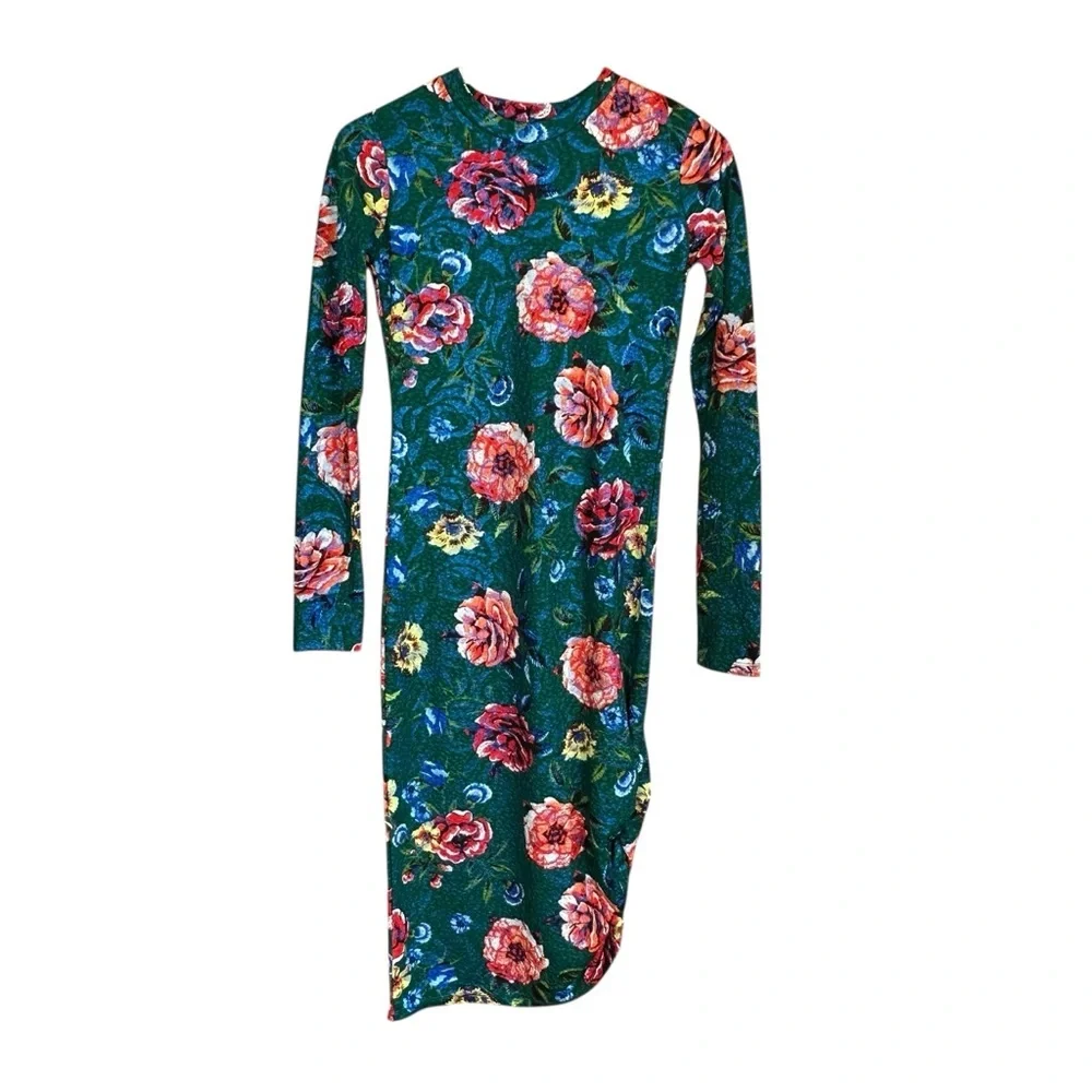 Zara Trafulac Bodycon Side Ruched Green Floral Long Sleeve Midi Dress Sz S - Picture 3 of 11